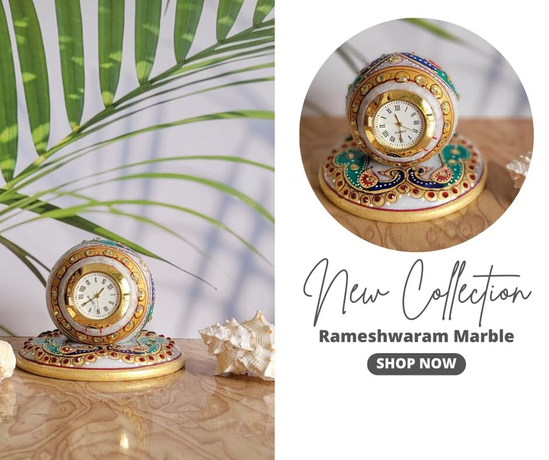 R&M RM Marble Round Table Clock | Traditional Decor Clock| Rajasthani| Minakari Work Clock for Home Decoration Festive Season Gift Christmas New Year Gift