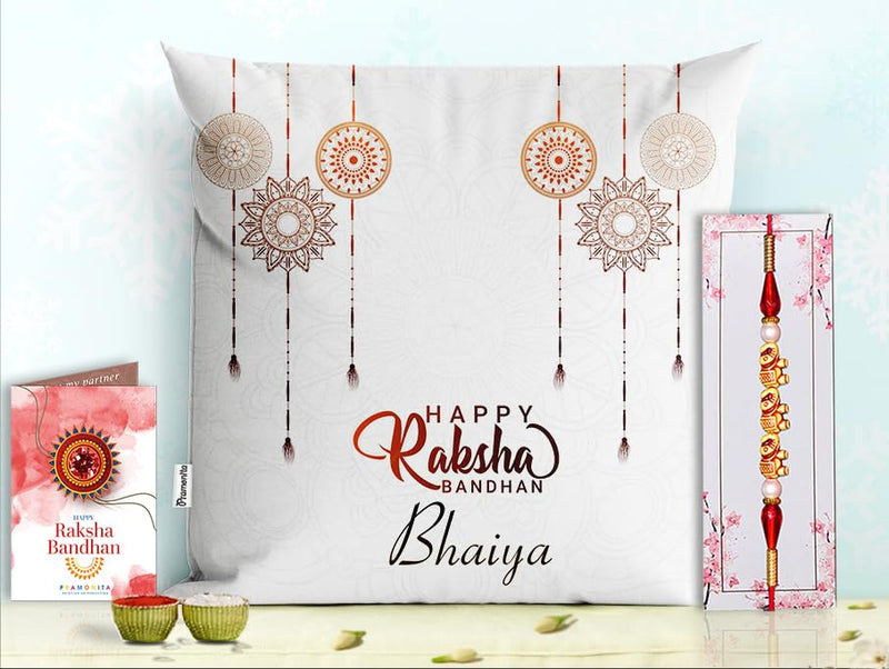 Pillow Rakhi for Brother with Gift - Rakhi with Rakhi Cushion with Filler Greeting Card- Rakhi for Brother, Gifts for Brother, Gifts for Rakhi, Gifts for Rakshabandhan Rakhi Gifts-PE-CU-00