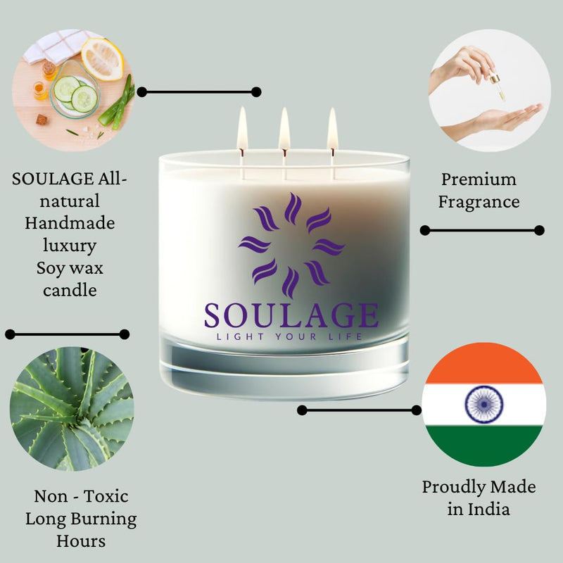 SOULAGE Premium Jasmine Scented Jar Candle| Luxury Aroma| Herbs & Essential Oil| Long Lasting Burning| Natural Soy Wax| 3 Wicks Candle| Healing & Meditation| Non Toxic| Anti Mosquito|