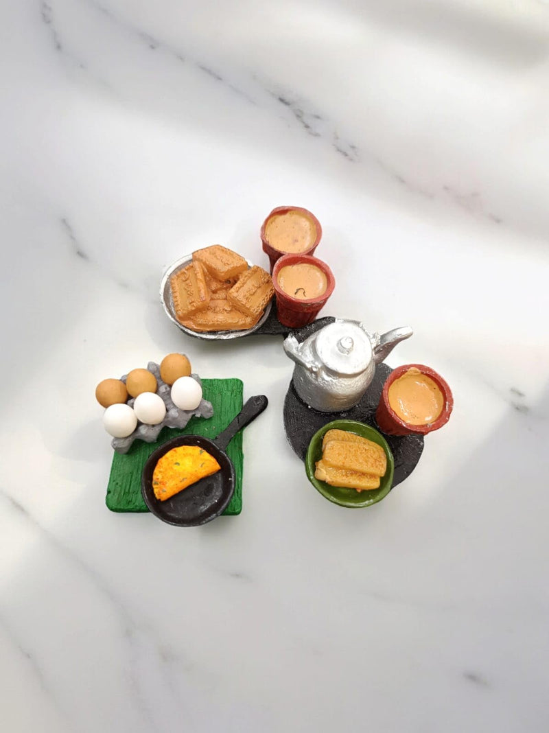 3D Fridge Magnet - Morning Routine :Tea with biscuit and Rusk and Omelette with Egg Tray (Set of 3)