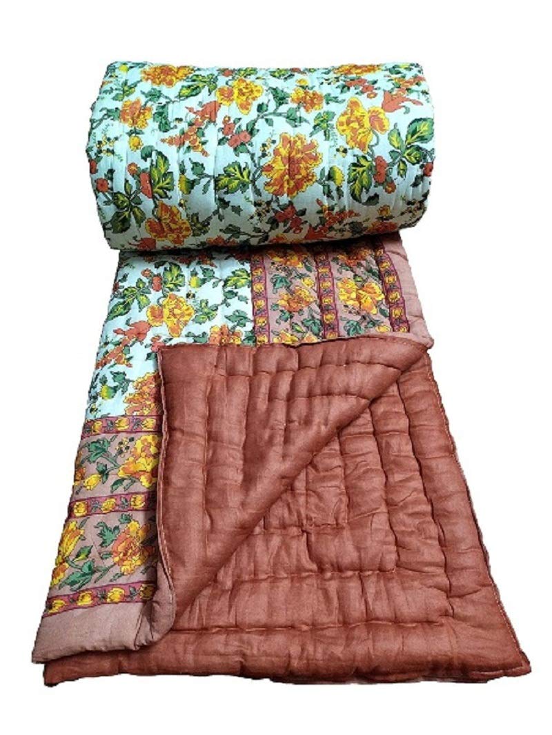 Namastey India Pure Cotton Jaipuri Razai Traditional Sanganeri Print Single Bed Quilt Blanket - (85 Inch X 55 Inch, Multi-Color, Single, lightweight)