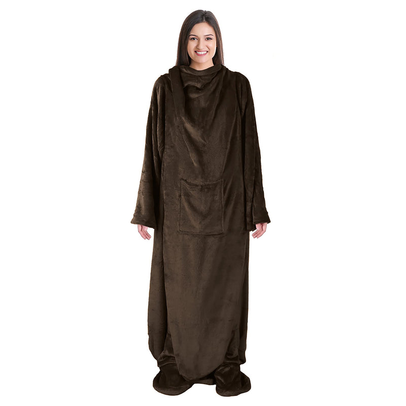 Catalonia Wearable Fleece Blanket with Sleeves and Foot Pockets for Adult Women Men, Micro Plush Comfy Wrap Sleeved Throw Blanket Robe Large, Brown