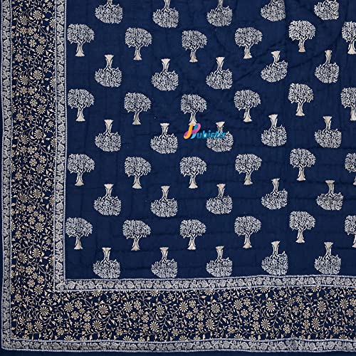 WOODSY Jaipuri Razai Rajasthani Traditional Soft Light Weight Pure Cotton Winter and Summer Rajai Ac Quilt Razai/Rajai/Quilt/Blanket/Dohar/Comforter (Double Bed, Blue Tree Golden)