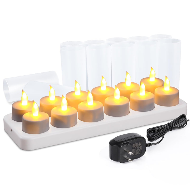 WoneNice Rechargeable Tea Light Tealight Candles With Holders- set of 12 (No Batteries Necessary)- White Base