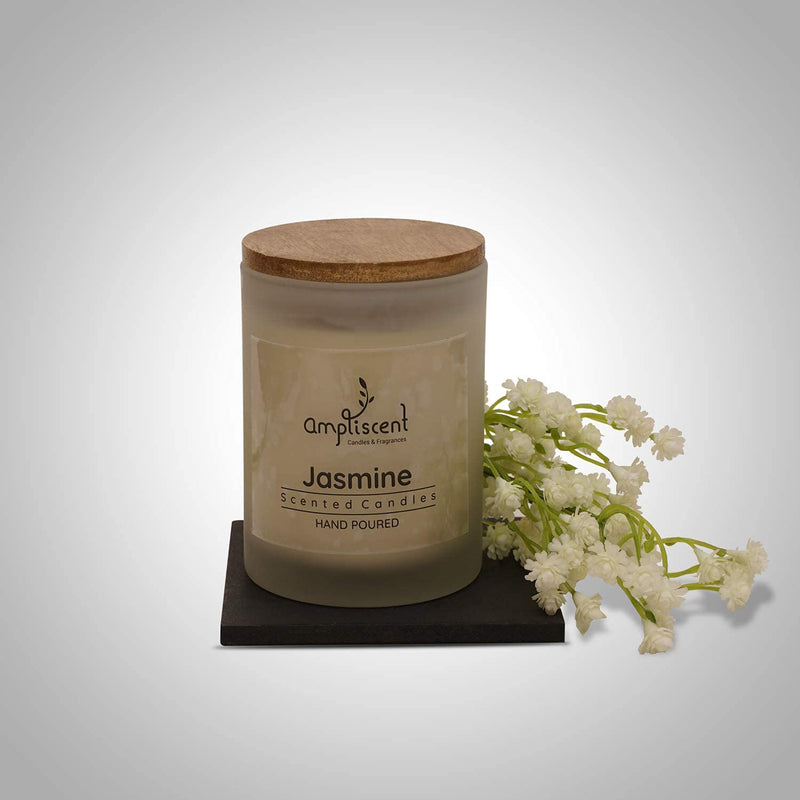 Ampliscent Natural Scented Candle for Home Decor | Highly Fragranced Frosted Glass Jar with Lid | 40 Hours Burning Time | Hand Poured Pure Wax Candles - Jasmine