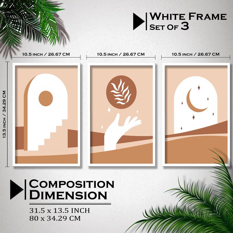 SAF paintings Set of 3 Abstract Boho modern art design Premium white Framed Bohemian wall painting for for Wall, Home and Living Room Decoration 80 cms x 34.29 cms COMBO-2027-K3