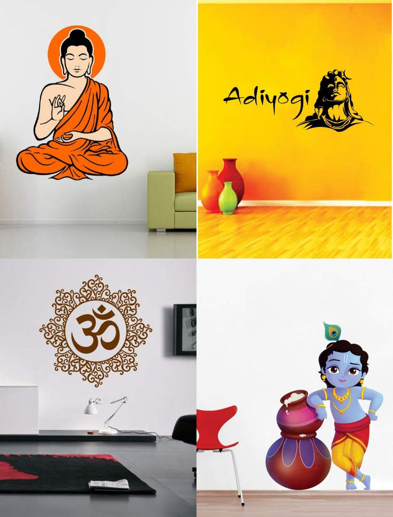 Walltech Combo of 4 Wall Sticker Yogi Buddha-(90 x 60 cms) | Cute bal Krishna makhan chor-(60 x 40 cms) | adiyogi-(50 x 118 cms) | Designer om-(50 x 50 cms) - Material Vinyl