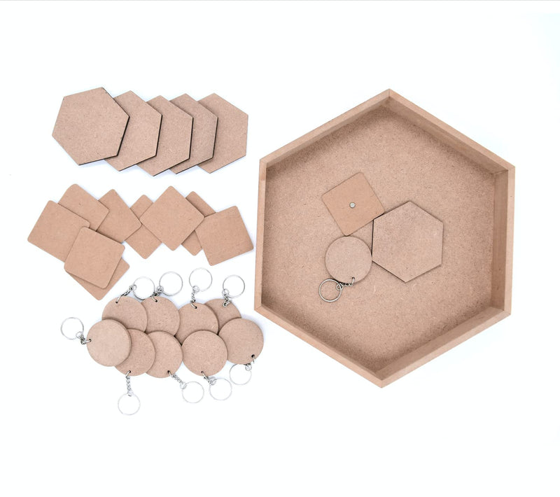 IVEI DIY MDF 10.5" Inches Hexagon Tray Pack with 6 Coasters - 3" Inch, 10 Square Magnets - 2" Inch & 10 Round Keychains - 2" Inch - Brown - Painting Craft Decoupage Art Work & Decoration