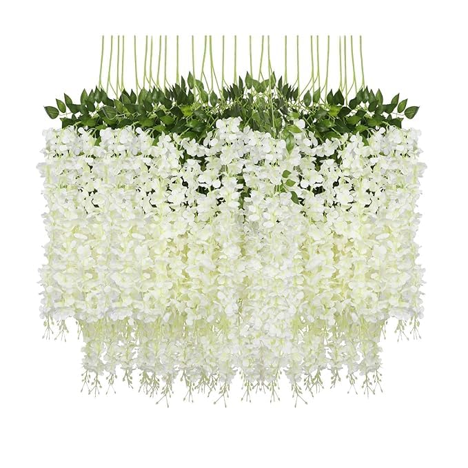 Artright Artificial Wisteria Flowers Vine Garland 12 Pack Fake Wisteria Vine Garland Hanging Flowers for Wedding Silk Long Bush Flowers String Home Party Decoration, Blue (White)