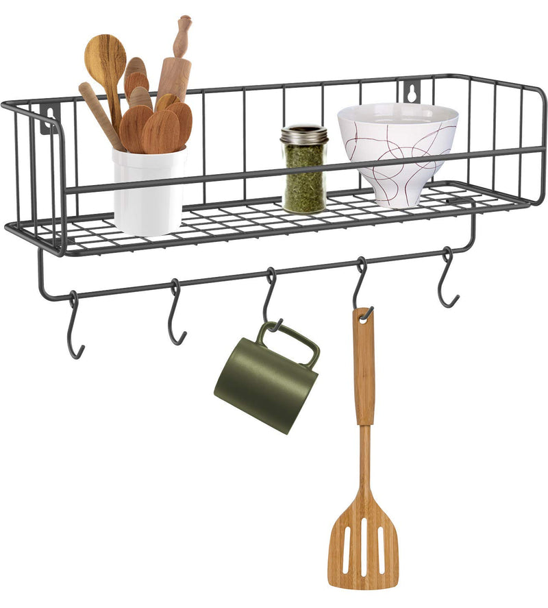 Haus Alchemy Kitchen Spice Rack Organizer Shelf with 5 Hooks Wall Mount Steel Storage Stand For Bottle, Jar, Container, Utensils Holder Cabinet - Black - Big (45cm X 15cm X 20cm, Hanging Shelves)