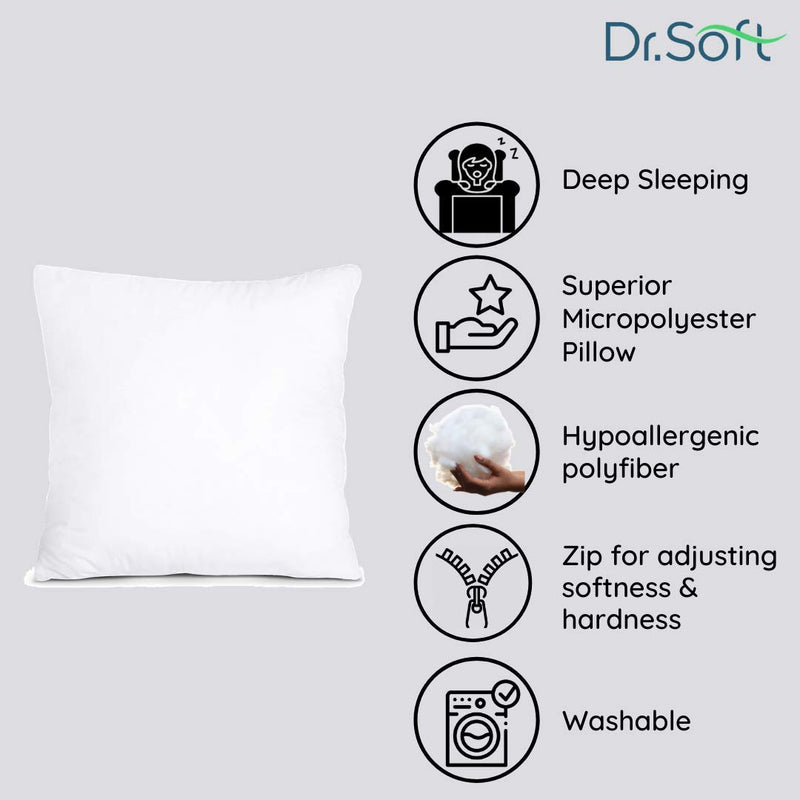 Dr.Soft Supersoft & Fluffy Micro Polyester Cushion Filler With Zipper 50X50 Cms/ 20X20 Inches - Pack Of 2 (Softness Adjustable, Reliance Siliconized Polyfiber), White