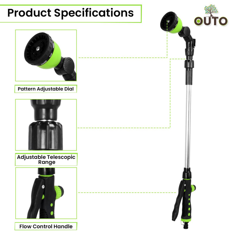 OUTO 28"-42" Telescopic Watering Wand 180° Adjustable Ratcheting Head Heavy Duty 10 Adjustable Pattern Water Hose Nozzle Spray for Lawns Garden Plants Car Washing