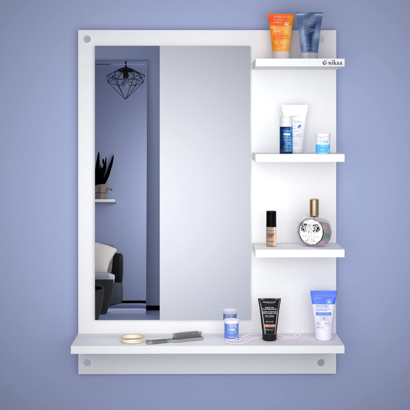 Anikaa Mavis Engineered Wood Rectangular Wall Mount Dressing Mirror With Shelves (White)(Framed )