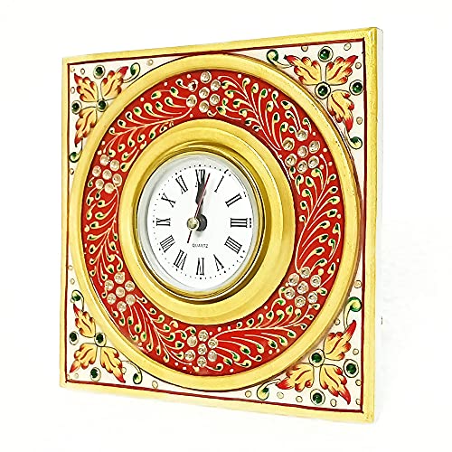 Handicraft Kingdom White Marble Table Clock with Ganesh Chowki | Ethnic Design Gold Painted Handmade Round Beautiful Meenakari Work Plate Watch| Approx Size (6 x 6 Inch) & Wt (600 Gm) Pack of 3