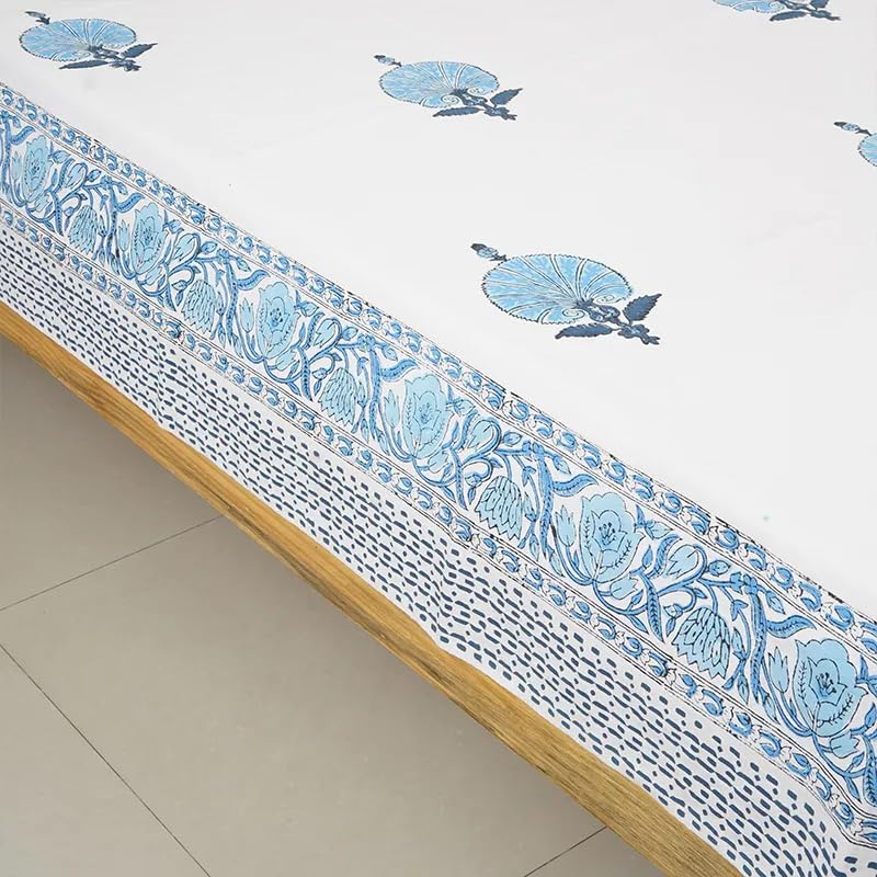 THE JAIPUR WALA Premium Hand Block Printed Pure Cotton Bedsheet-Set King Size (Floral Blue)