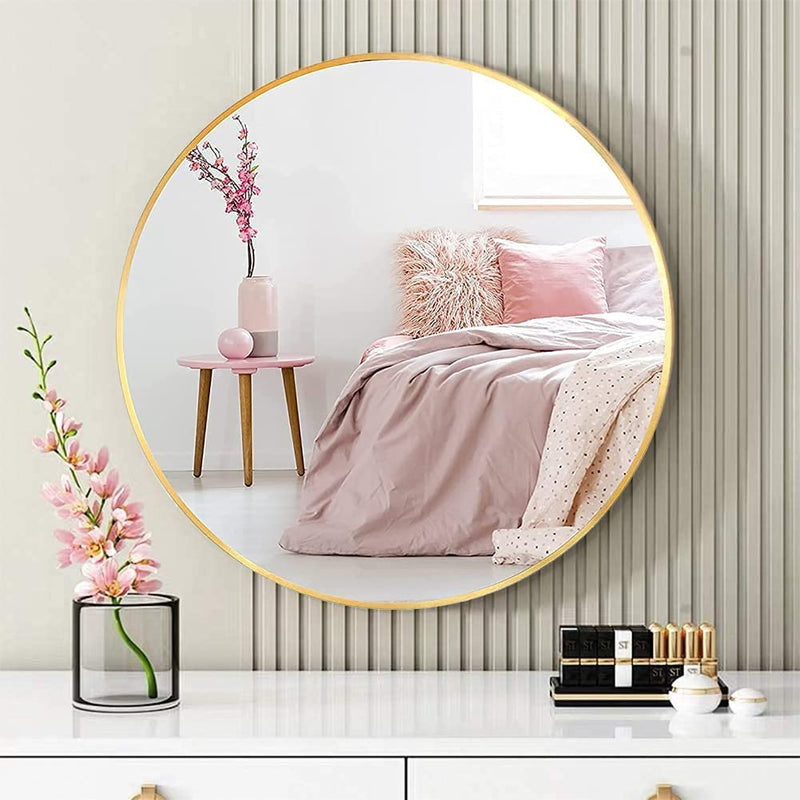 ArtKart Design Valley Round Wall Mirror Modern Design Metal Frame Hd Clear Image (Round Gold, 20 Inch) Framed