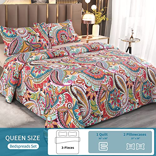 Qucover Queen Quilt Set 3-Piece Reversible Paisley Blossom Pattern Bedspreads Bedding Set, Soft Cotton Summer Quilt with Pillow Shame for All Seasons, 90x98 Inch