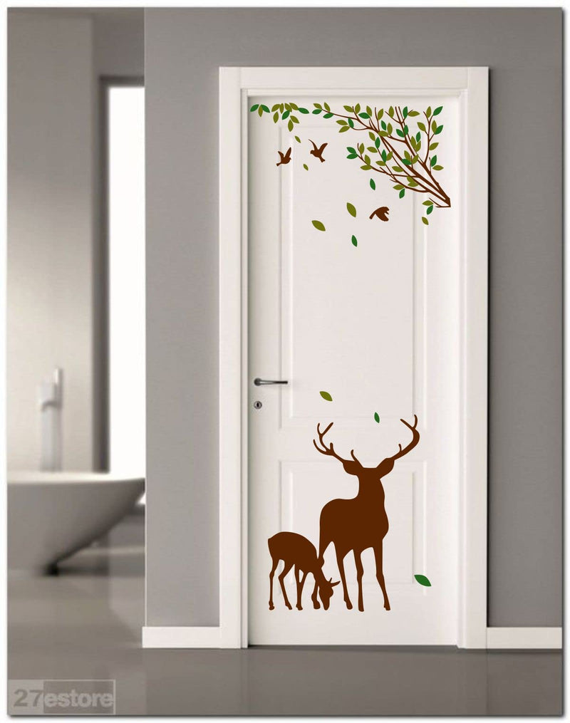 Sticker Studio Tree and Deer Door Sticker & Decal - PVC Vinyl, 58 CM X 48 CM | Removable, Easy to Apply, Waterproof