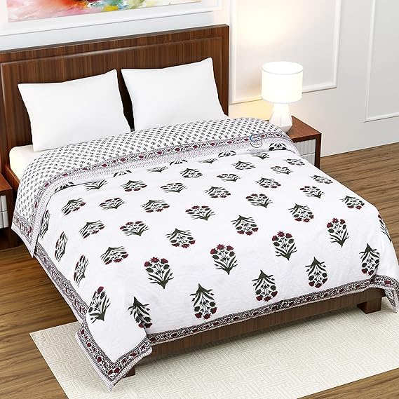 EMIOUR 400 TC Jaipuri Light Weight Pure Cotton Traditional Hand Block Big Flower Print Double Bed Quilt/Razai/Rajai (White & Green, 90 x 105 Inches, Double Bed)