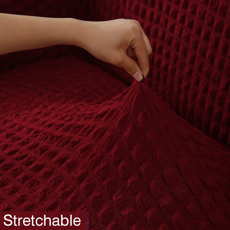HOKIPO Stretchable Elastic Turkish Bubble Frill Cover for Sofa 3 Seater, Cherry Red (AR-4604-B5)
