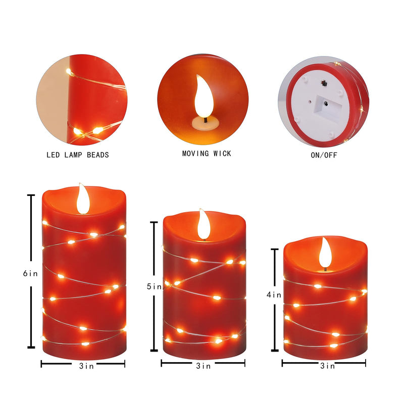 Xinhidar Flameless Candle Rechargeable 3-Piece Set with Embedded Light String LED Candle USB Charging Candle 11 Key Remote Control Electronic Candle 24-Hour Timer Function Flashing Flame Candle (red)