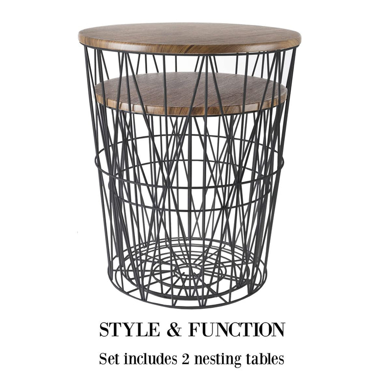 INTERIOR HANDICRAFT Metal Wire Basket and Wooden Top Nesting Coffee Table Set of 2, Black