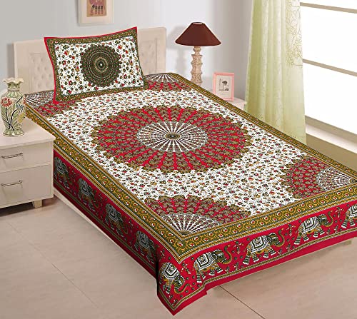 E Elma Cotton Floral Single Bedsheet with 1 Pillow Cover Red