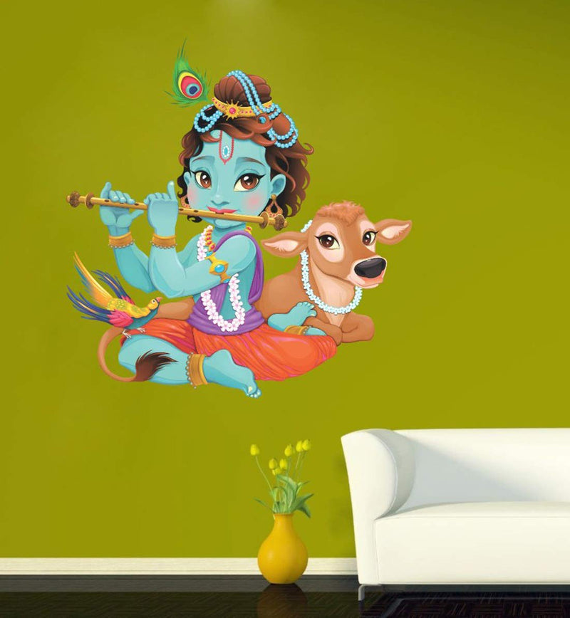 Walltech Combo of 4 Wall Sticker Lord Krishna Flute Playing with Cow-(70 x 60 cms) | Love Birds with Hearts-(125 x 85 cms) | Magical Tree-(150 x 150 cms) | makhanchor-(60 x 40 cms) - Material Vinyl