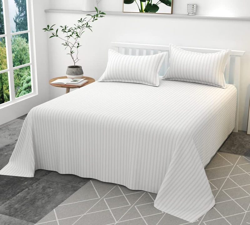 YUKU 210 TC Glace Cotton Plain Stripe Queen Size Only Double Bedsheet for Home, Hotel, Guest Room (90 X 100) Inch White