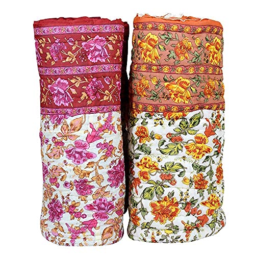 fashhub Rajasthani Jaipuri Pure Organic Cotton Floral Printed Skin Friendly Single Bed AC Room's Blanket Jaipuri Razai/Rajai/Quilt/Blanket/Dohar (Beige/Pink) (Pack of-2)