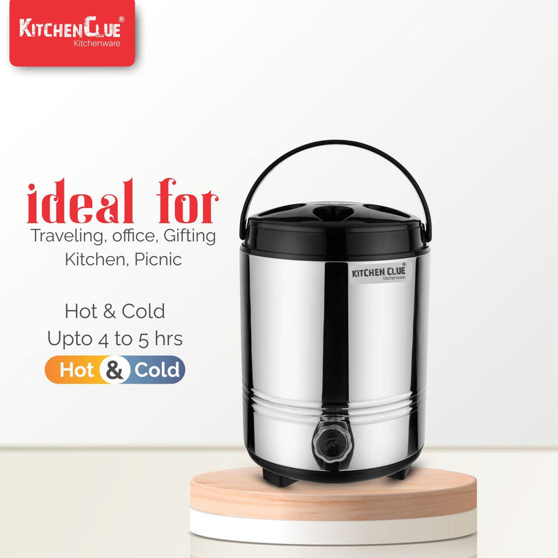 Kitchen Clue Hot Tea Flask with Airtight & Leak-Proof Lid I Stainless Steel PUF Insulated Tea/Water/Juice Container I 8 Liters I Easy to Carry Handle I Easy to Clean & Maintain I HOT & Cold Water Jug