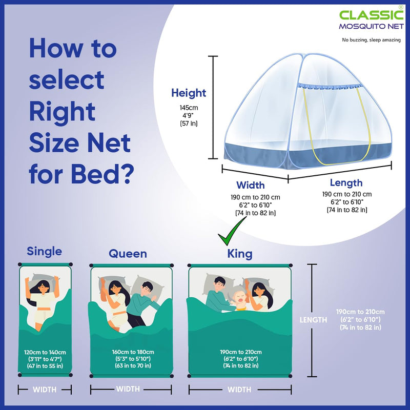 Classic Mosquito Net for Double Bed | King Size Embroidery Foldable Machardani | Polyester 30GSM Strong Net | PVC Coated Corrosion Resistant Steel Wire - Blue