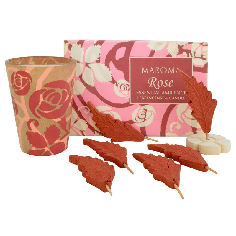 Votive and Incense Leaves Gift Set with Incense Holder - Rose