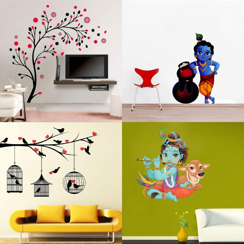 Walltech Combo of 4 Wall Sticker Lord Krishna Flute Playing with Cow-(70 x 60 cms) | Love Birds with Hearts-(125 x 85 cms) | Magical Tree-(150 x 150 cms) | makhanchor-(60 x 40 cms) - Material Vinyl