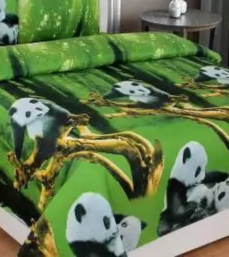 NISH Craft RADHERADHE 104 TC Polycotton Double Printed Flat Bedsheet (Pack of 1, Green) Green PANDA-3D Double