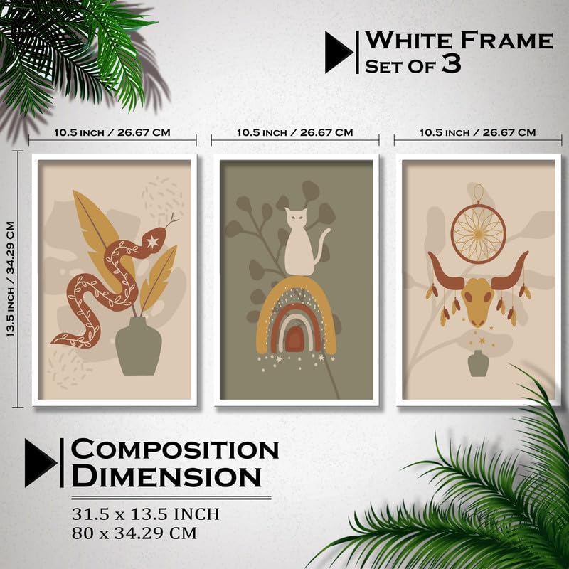 SAF paintings Set of 3 Abstract Boho modern art design Premium white Framed Bohemian wall painting for for Wall, Home and Living Room Decoration 80 cms x 34.29 cms COMBO-2033-K3