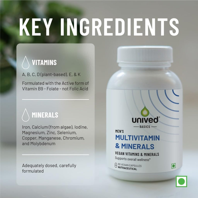 Unived Basics Multivitamin & Minerals Capsule for Men | 100% RDA of all Vitamins with Algae Calcium & Plant-Based Vitamin D3 plus Important Minerals | Complete formulation for Health & Wellbeing