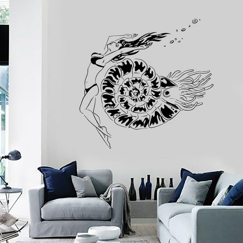 GADGETS WRAP Vinyl Vinyl Wall Decal Woman Underwater Shell Nautical Sea Marine Wall Stickers