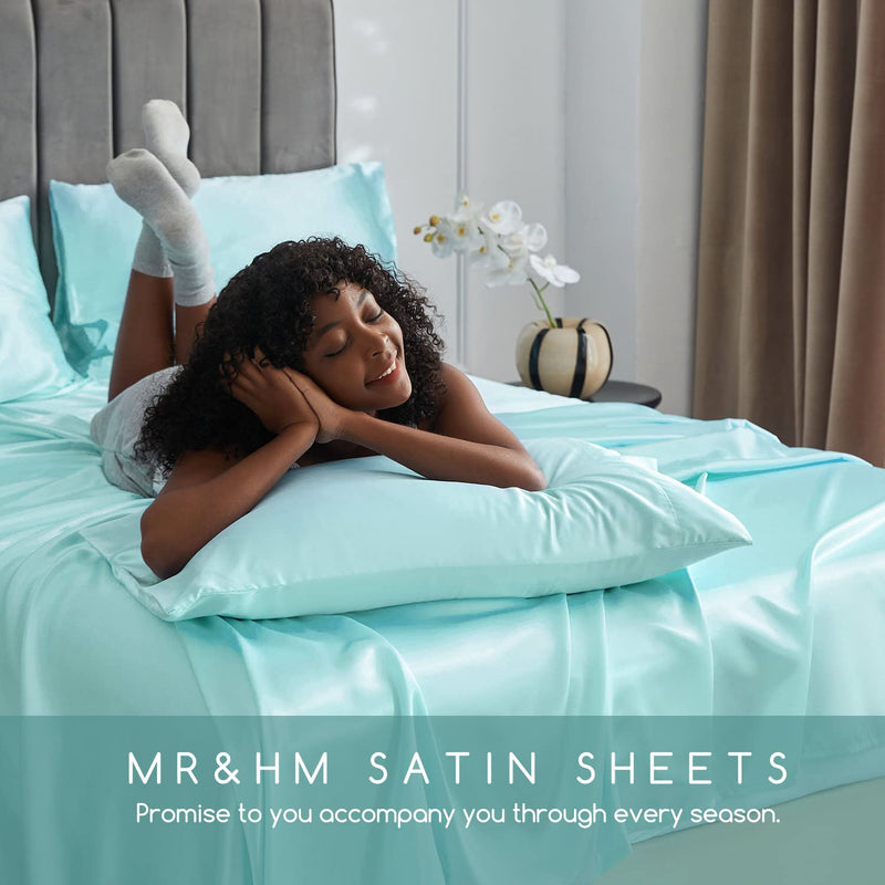 MR&HM Satin Bed Sheets, Queen Size Sheets Set, 4 Pcs Silky Bedding Set with 15 Inches Deep Pocket for Mattress(Queen, Turquoise)