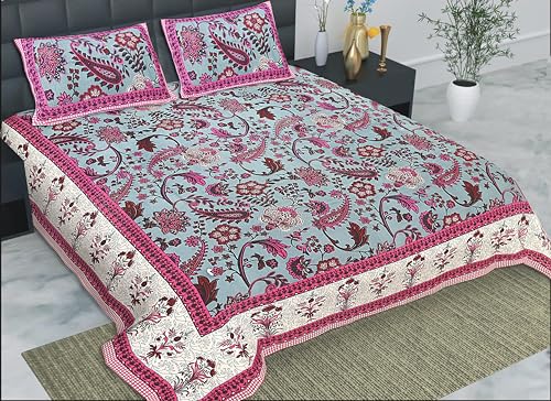 HZAR ART Queen Size Premium 100% Cotton Bedsheet for Double Bed with 2 Pillow Covers | 240 TC Flat Sheet | Jaipuri Print Double BedSheet Cotton(Buti Print,90 X 100 Inches) SSBS108