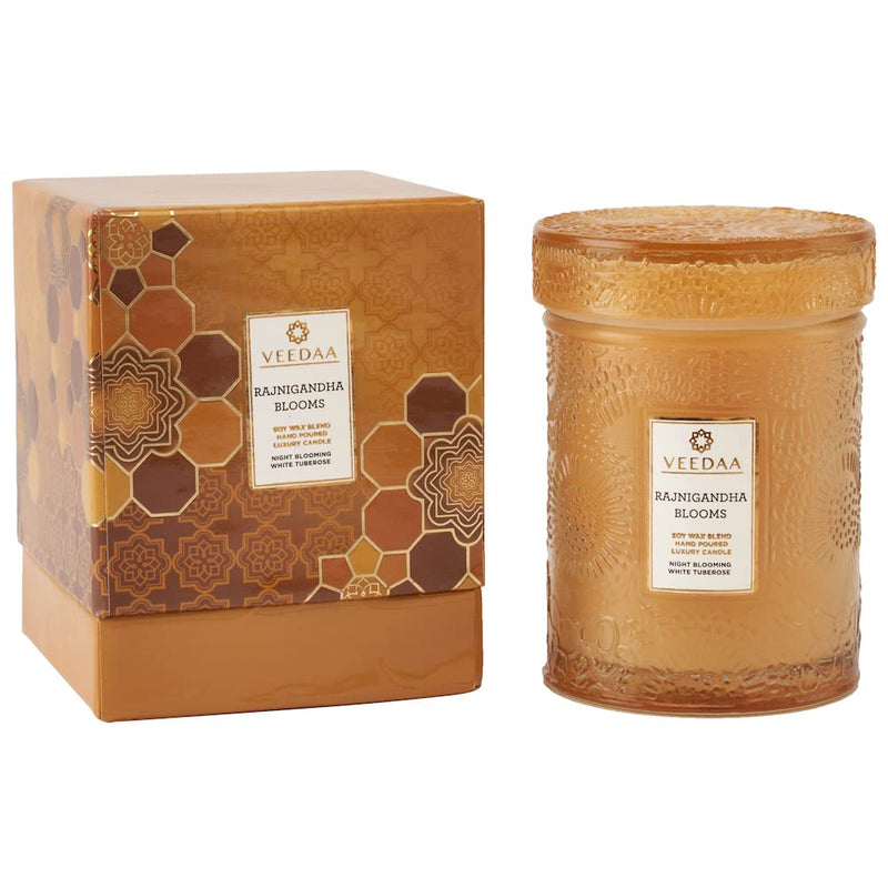 VEEDAA Rajnigandha Blooms Soy Wax Mandala Glass Scented Candle (Burns 22 Hours)