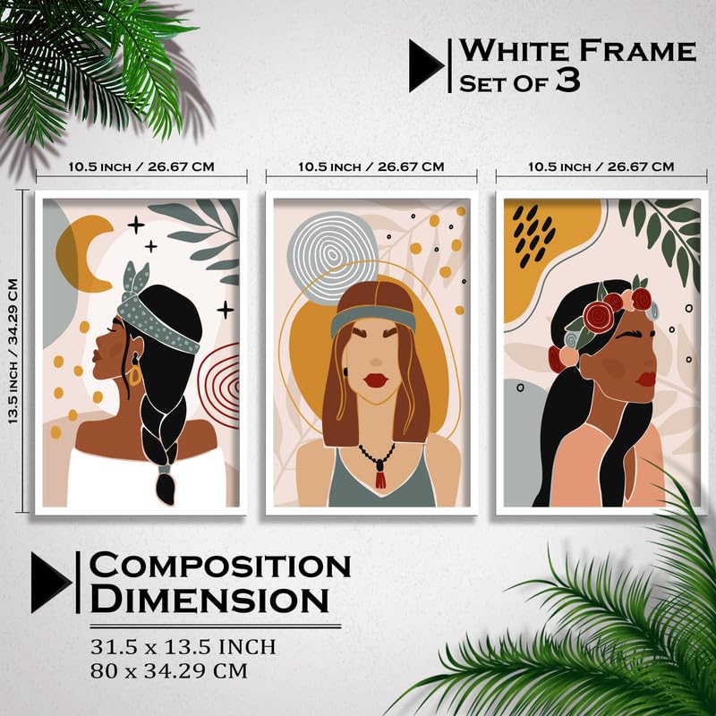 SAF paintings Set of 3 Abstract ladies Boho modern art design Premium white Framed Bohemian wall painting for for Wall, Home and Living Room Decoration 80 cms x 34.29 cms COMBO-2083-K3