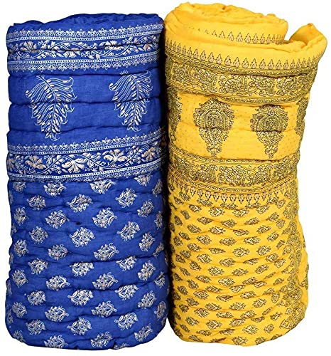 THROW KING Single Bed Jaipuri Cotton Razai/rajai/Blanket Ac Quilt Soft Cozy Light Weight Rajasthani Traditional Cotton Comforter (Blue/Yellow, Pack of 2)