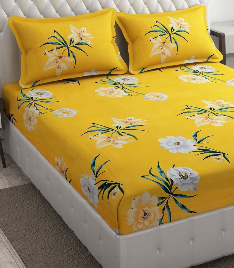 SHOMES 250 TC 100% Cotton Feel Flat Bedsheet for Double/King Size Bed | Floral Design Bed Spread with 2 Pillow Covers | Soft Breathable & Wrinkle Free Bedsheets/Bedcover (90 x 90 Inches | Yellow)