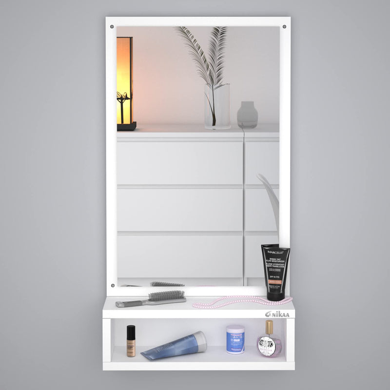 Anikaa Jinny Decorative Wall Hanging Mirrors with Shelf for Dressing Table Bedroom Living Room (White) Matte Finish, Unframed, Engineered Wood, Rectangular