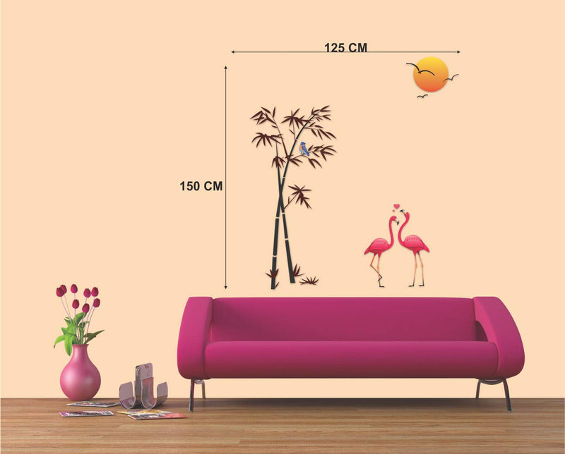 Walltech Combo of 4 Wall Sticker Yogi Buddha-(90 x 60 cms) | Love Birds with Hearts-(125 x 85 cms) | Baby Panda-(120 x 95 cms) | Flamingos and Bamboo-(150 x 125 cms) - Material Vinyl