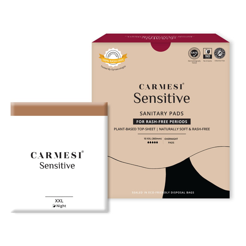 Carmesi Sensitive Sanitary Pads - Pack of 10 Pads (XXL) - Certified 100% Rash-Free by Gynecologist - Natural Plant Top Sheet - No Fragrance, No Chlorine - With Disposal Bags