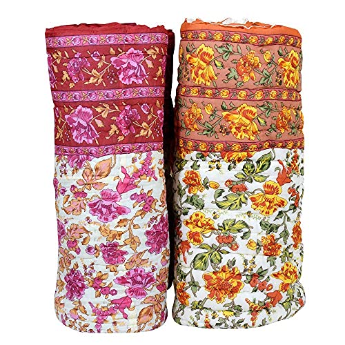 fashhub Jaipuri Lightweight Pure Cotton Traditional Rajasthani Print Quilt | Rajai/Razai | Garden Flower Beige and Pink | Single Bed Set of 2