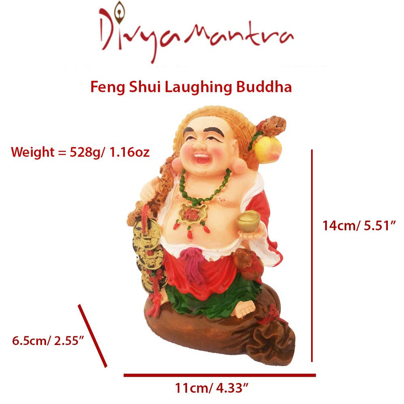 Divya Mantra Happy Man Laughing Buddha Holding Wealth Lucky Coins and Ingot Yuan Bao Statue for Attracting Money Prosperity Financial Luck Home Decor Gift