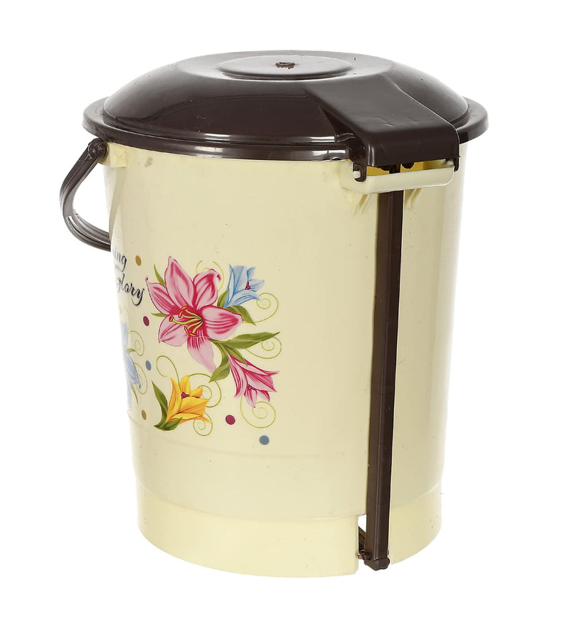 Kuber Industries Multiuses Floral Print Plastic Dustbin For Home, Kitchen, Office, Bathroom With Swing Lid 10 Litre (Cream)